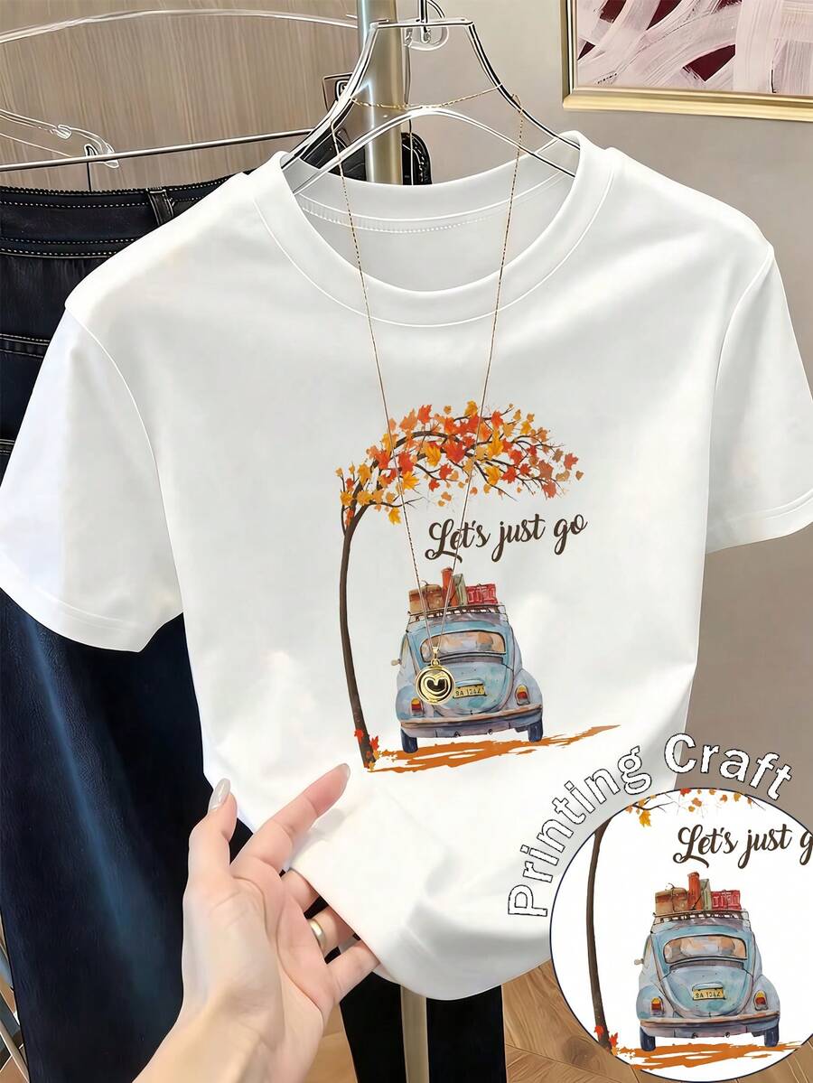 Camiseta de manga corta con estampado para mujer, ropa de primavera, atuendo para festividades, blanca para verano, look playero, estilo vacacional, estilo rural, atuendo de oficina para mujer. - Blanco - Ver 1