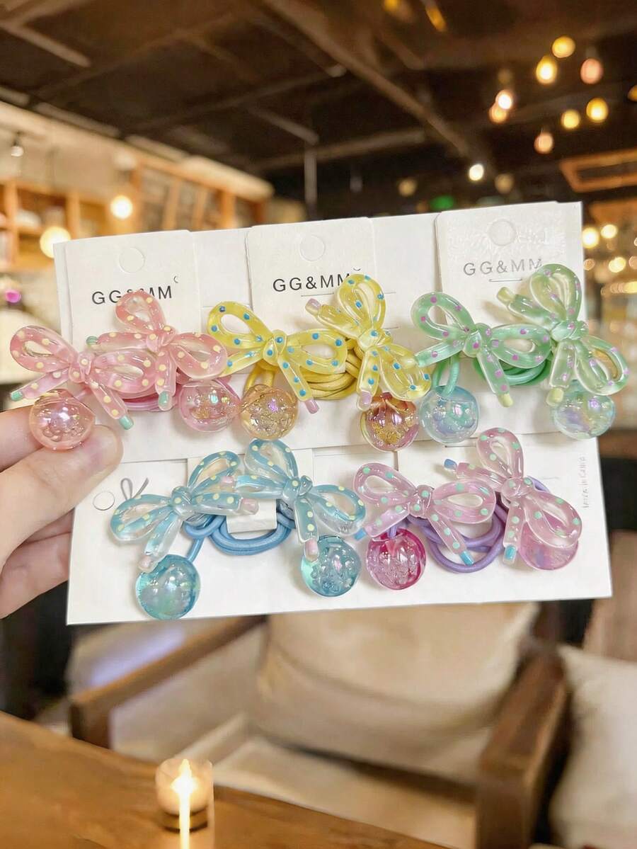 5pcs Girls' Versatile Transparent Polka Dot Bow Elastic Hair Ties - Multicolor - View 1