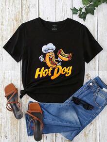 Camisetas Gráficas de Cuello Redondo Oversize para Mujer, Camiseta 100% Algodón, Estampado de Dibujos Animados de Chef Hot Dog, Ropa Casual, Tops de Manga Corta Holgados para Primavera, Camisetas Básicas de Moda de Verano, Regalo de Ropa para Mujer. - Negro - Ver 3