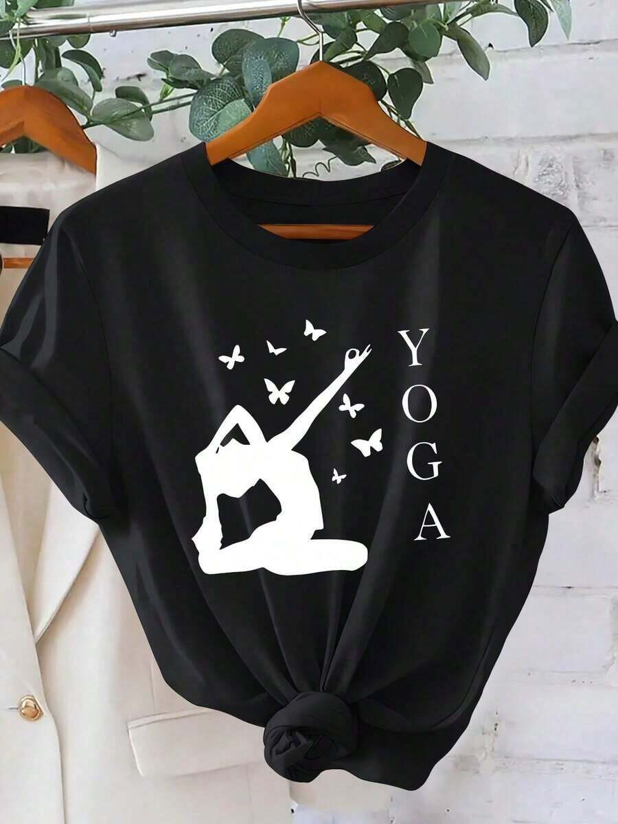 Women's Graphic T-Shirt With Yoga Lettering And Gesture Print, Butterfly Print With The Word YOGA, Short Sleeve For Summer Vacation, Casual Sporty Style, Elegant, Vintage, Loose, Slimming And Versatile, 100% Cotton - 黑色 - 查看 1