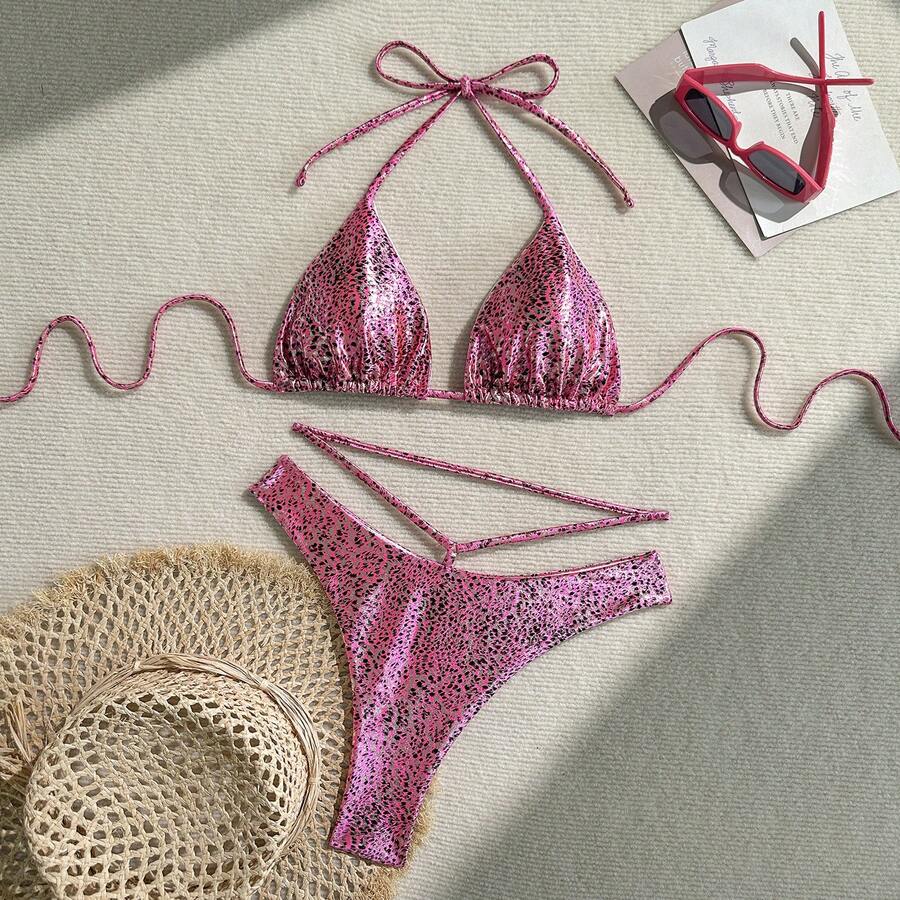 Nuevo y sexy traje de baño de dos piezas con estampado de leopardo y cordón ajustable. - Resplandecer - Ver 1