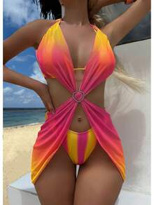 Nuevo traje de baño de tres piezas con falda de malla a rayas degradadas y diseño de corazón. - Combinación de colores rojo y amarillo - Ver 10