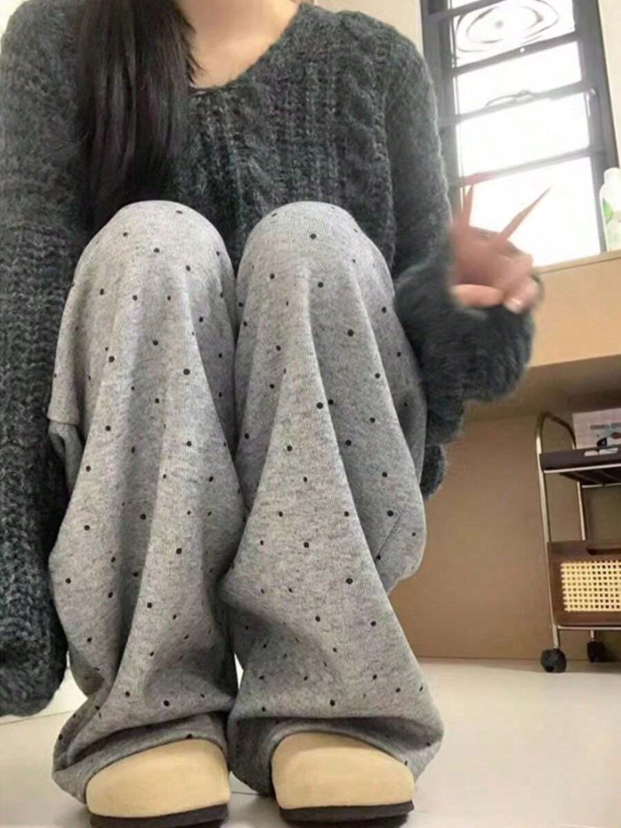 Pantalones de las mujeres de lunares de pierna ancha verano sección delgada recta perezoso pantalones de arrastre de protección solar - Gris - Ver 1