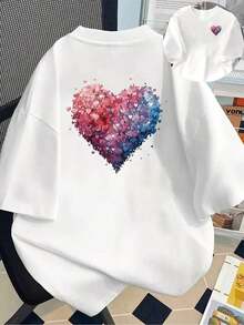 Camiseta de manga corta estampada con diseños en la parte delantera y trasera - Patrón de corazones, corazones en colores degradados - Camiseta estampada para mujer, primavera/verano, ¡tu mejor elección! Transpirable y cómoda. - Blanco - Ver 11