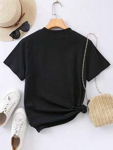 Camiseta Holgada Sencilla Mujer Estilo Moderno Camiseta Ligera de Mujer con Diseño de Pascua - Orejas de Conejo de Pascua, Huellas de Leopardo y Estampado Floral, 100% Algodón, Manga Corta Casual, Cuello Redondo, para Atuendos Festivos de Primavera y Verano, Camisetas para Mujer, Ropa Festiva, Diseño Divertido, Tela Duradera, Material de Algodón de Calidad, 100% Algodón Camiseta Mujer Estampado Gráfico  Verano 2026 - Negro - Ver 4
