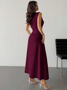 Vestido largo en línea A con cuello de pie, sin mangas y fruncido, color blanco, nuevo para el Día de San Valentín, elegante y romántico para citas y trabajo - Rojo violeta - Ver 3