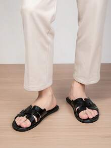 Sandal Selop Musim Panas, Desain Minimalis, Tali Ganda yang Bernapas, Tekstur Anyaman, Elegan untuk Dipakai di Luar & Dalam Ruangan - Hitam - View 8