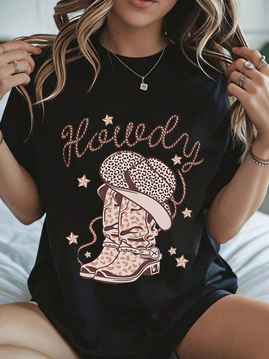 Elegant And Casual Women's Short-Sleeved Cowboy Style T-Shirt With Leopard Print Hat And Boots, White T-Shirt For Women, Casual Summer And Autumn Clothing. - 黑色 - 查看 1