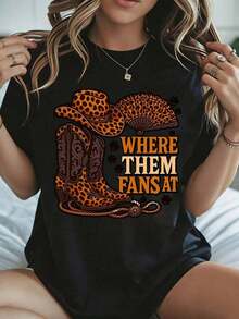 Elegante y casual camiseta de manga corta para mujer, camiseta de vaquero con estampado de sombrero y botas de vaquero con leopardo para Halloween, con estampado de abanico y cuerda, camiseta blanca para mujer, atuendo de fiesta para otoño. - Negro - Ver 1