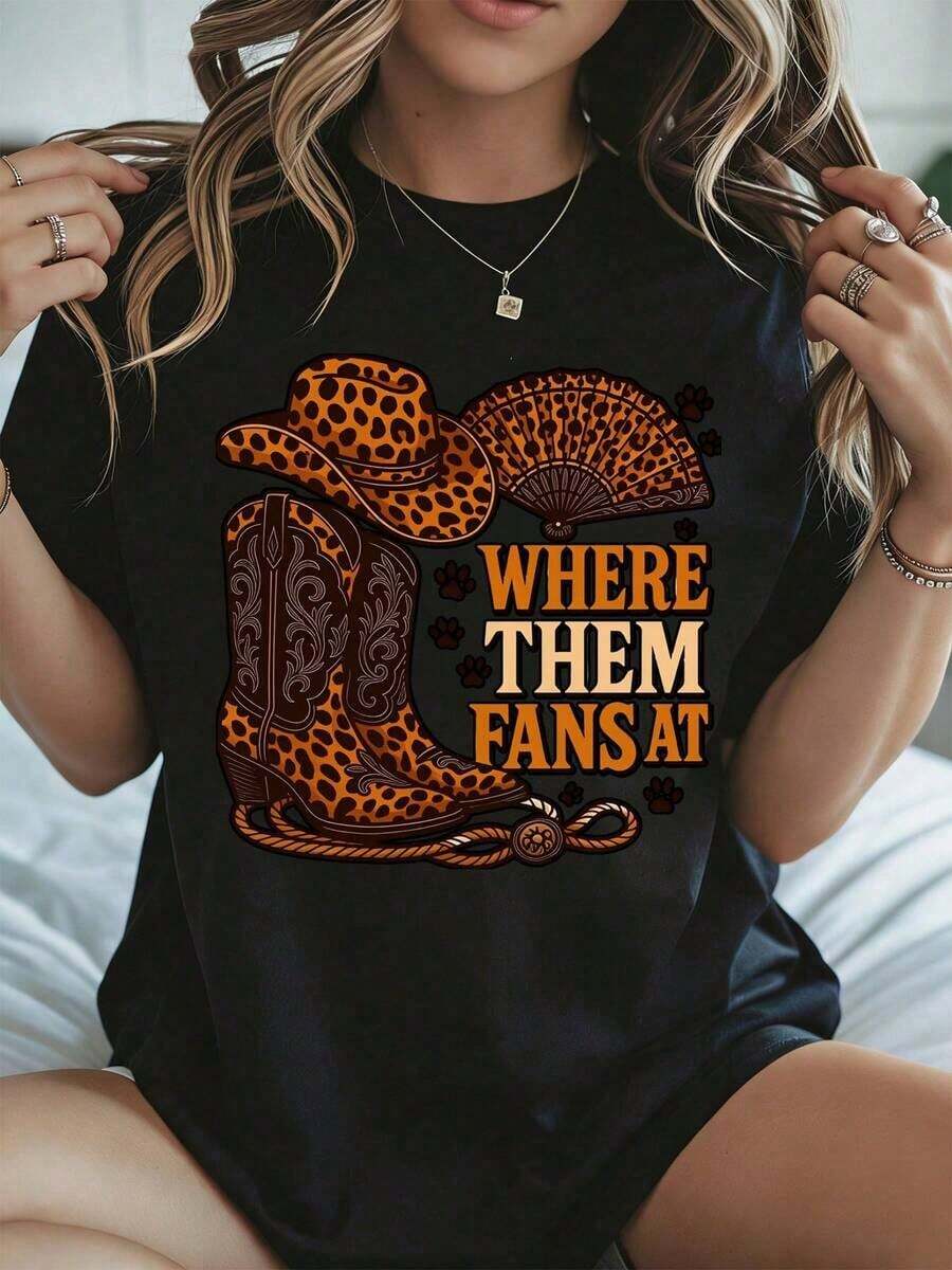 Elegante y casual camiseta de manga corta para mujer, camiseta de vaquero con estampado de sombrero y botas de vaquero con leopardo para Halloween, con estampado de abanico y cuerda, camiseta blanca para mujer, atuendo de fiesta para otoño. - Negro - Ver 1