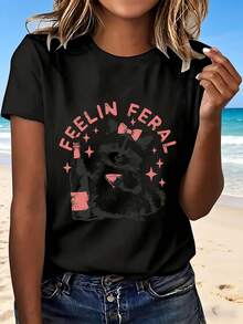 Feelin  Raccoon With Wine Bottle And Glass White T Shirt Cute Animal Print Summer Beach Wear Fashionable Casual Top For Women Perfect Gift For Party Outing And Everyday Wear - Negro - Ver 1