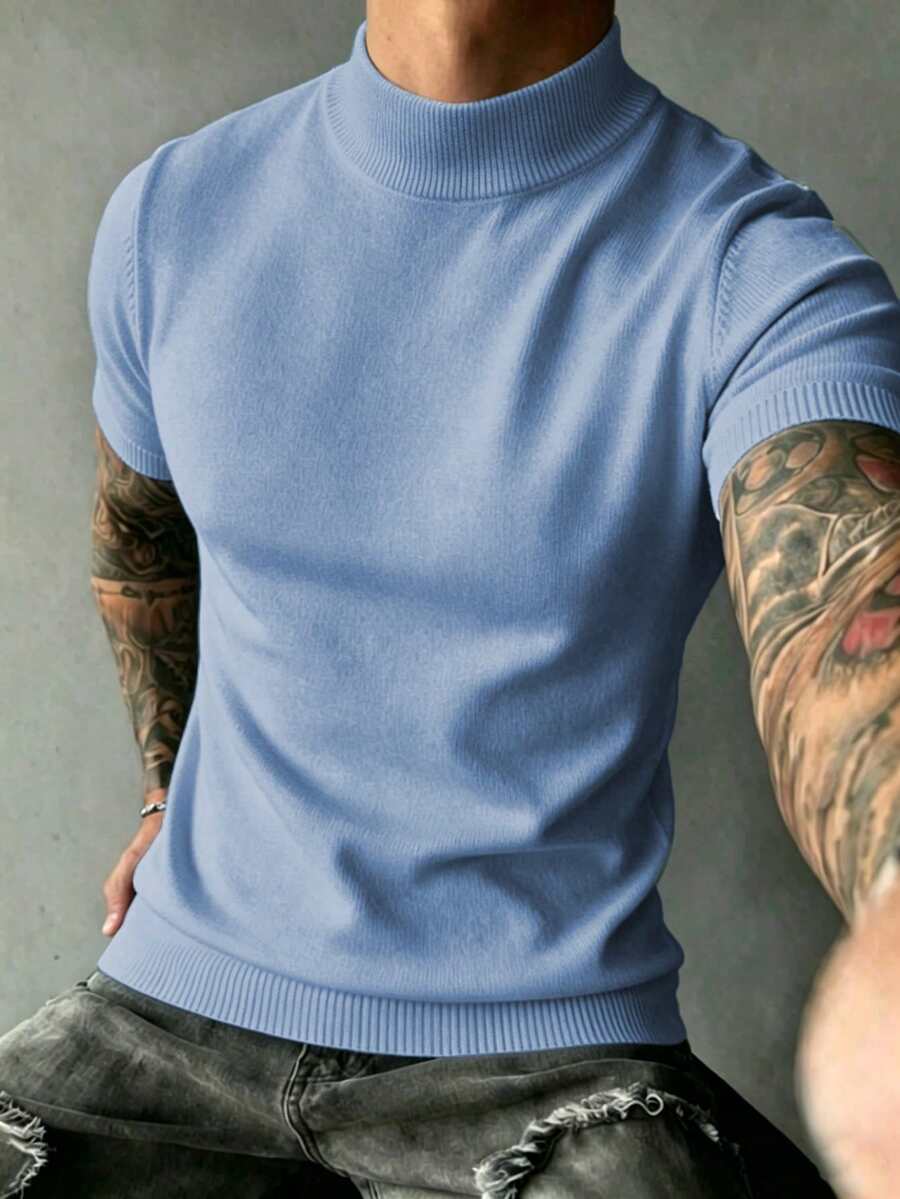 Men's Half-Turtleneck Short Sleeve Knit Top - Baby Blue - View 1