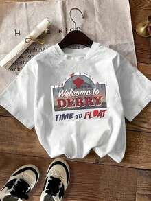 NewSummerCasualBlusas de mujer, blusas de mujer, blusas de mujer. Bienvenido al diseño temático DERRY con estilo de película de terror, que incluye elementos de texto, arquitectura y manchas de sangre. Nueva camiseta de verano para mujer, camiseta de manga corta, camiseta estampada de moda casual para mujer, ropa elegante para mujer, estilo dulce, estampado de lazo rosa, camiseta holgada, camiseta de manga corta de algodón puro para verano, top adelgazante y versátil, 100% algodón. Camiseta unisex de algodón holgada de manga corta y cuello redondo estilo vintage urbano - Blanco - Ver 1