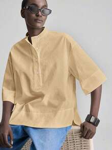 de diseño versátil y casual de serie esencial con sensación de lujo minimalista, con cuello redondo, hombros caídos y diseño suelto, silueta corta por delante y larga por detrás, de estilo urbano moderno y elegante para oficina, ideal para bod - Caqui - Ver 4