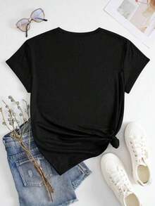 Soft Plus Size Graphic Print Round Neck Short Sleeve T-Shirt, Casual Blouse For Women, Cotton T-Shirts For Women - 黑色 - 查看 2