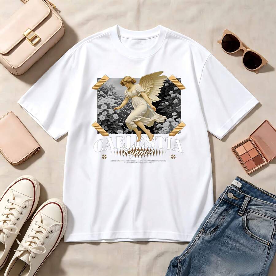 Retro Angel Art, 100% Cotton, Oversized Soft Breathable, Casual Crewneck, Short Sleeve Top, Vintage Aesthetic, Romantic Summer Vibes - 白色 - 查看 1