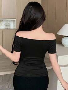 Camiseta básica de manga corta y escote envolvente de color liso versátil y casual, parte superior azul - Negro - Ver 2