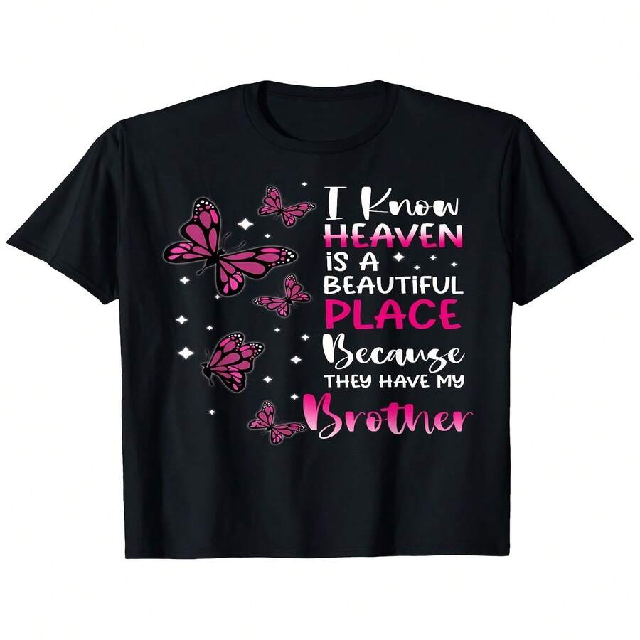 Decoraciones especiales para el Día de la Independencia y el Día del Padre: Paradise es un lugar hermoso porque tiene la camiseta estampada de ángel de mi hermano, cuello redondo, manga corta, negra con coloridos patrones de mariposas y estrellas, regalo conmemorativo perfecto para hombres y mujeres, camiseta estampada de manga corta de verano 2025, 220 g puros. - Negro - Ver 1