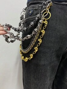 1pc Gothic Style Skull Decor Double-Layer Pants Chain, Suitable For Men And Women Daily Wear (Golden Color, Black Buttons And Rings Are Normal) - Multicolor - View 1