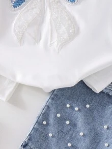 2pcs/Set Young Girl' Casual Rhinestone Bow T-Shirt And Denim Long Pants Set, Summer - White - View 5