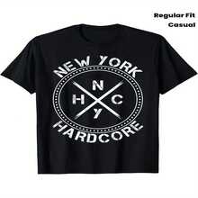 New York NYHC Hardcore Music Graphic T-Shirt - Black Band Tee With Bold White Lettering And Crossbar Design, Regular Fit, Short Sleeve, Crew Neck, Casual Wear - 黑色 - 查看 2