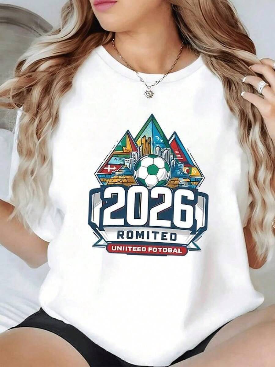 Balón de fútbol con paisajes urbanos y banderas que representan la unión de naciones rumbo al torneo 2026 con energía deportiva camiseta de mujer casual moderna - Negro - Ver 1