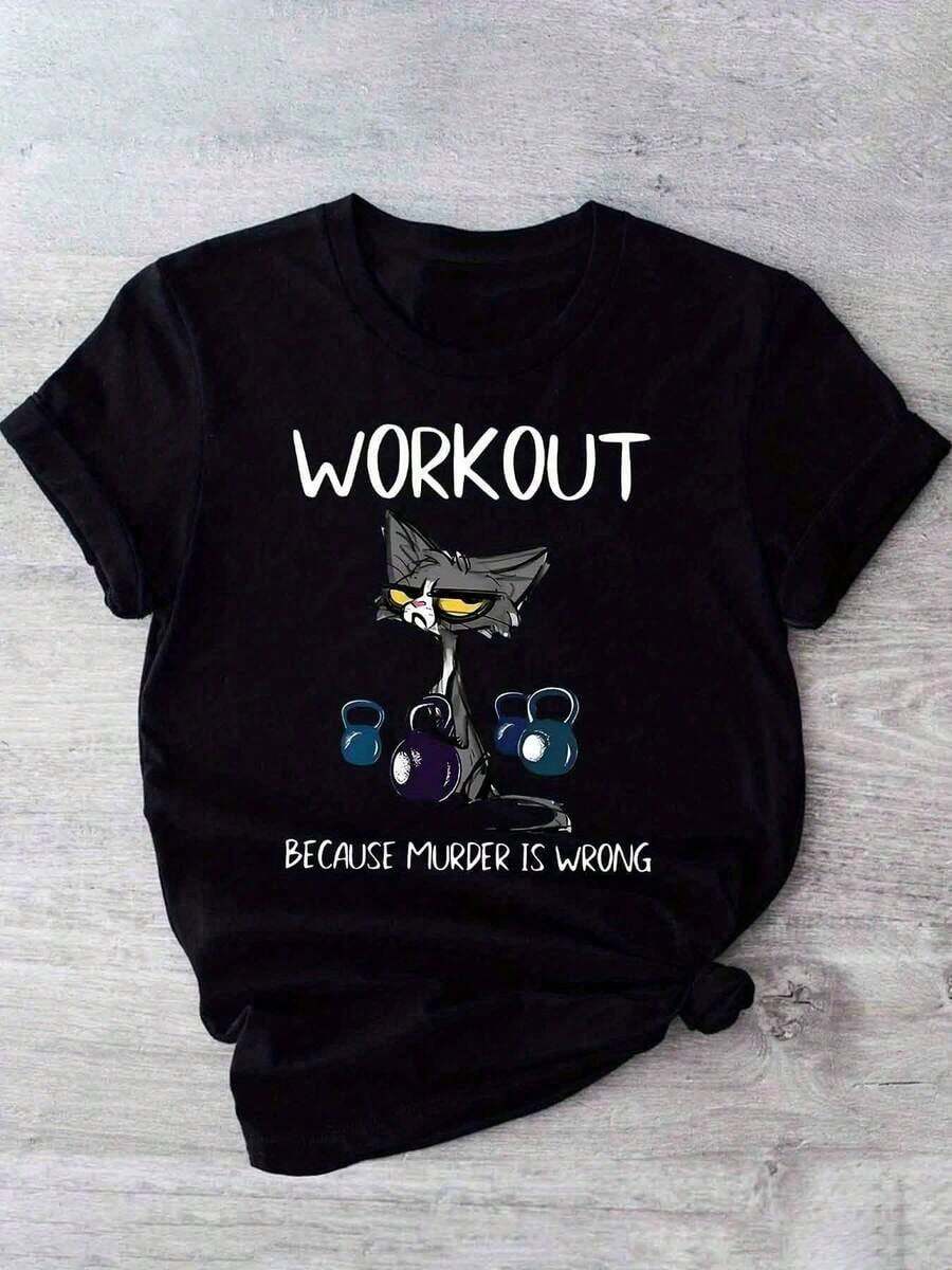 100% Cotton Women's Oversized Short Sleeve Workout T-Shirt With Funny Cat And Weight Graphic Print, "Train Because  Is" Slogan, Soft Crew Neck, Machine Washable, Comfortable For All Seasons For Gym And Casual Wear, Gym Tees, Lightweight Clothing, Fun Design, Front Knot Tee - 黑色 - 查看 1
