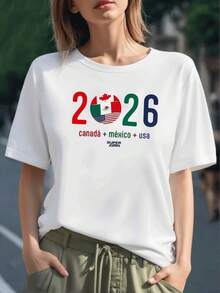 Símbolo 2026 con banderas de Canadá México y USA celebrando unión deportiva norteamericana y espíritu de cooperación camiseta para mujer 100% algodón cómoda y moderna - Negro - Ver 6