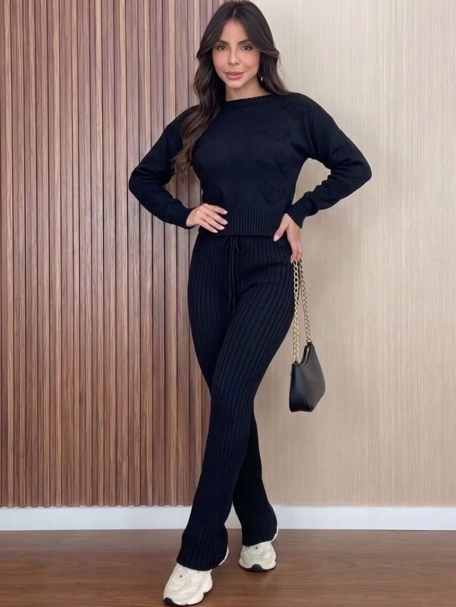 Women's Ribbed Knit Set: Long-Sleeved Blouse With Heart Details, High-Waisted Pants With Adjustable Drawstring, Casual Autumn/Winter Knitwear - 黑色 - 查看 1