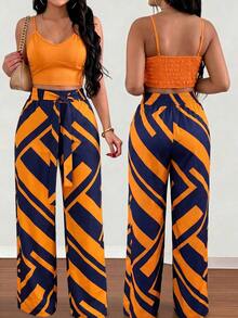 Set de 2 piezas con top de tirantes con estampado floral y pantalones anchos con cintura elástica y lazo para mujeres - Multicolor 3 - Ver 1
