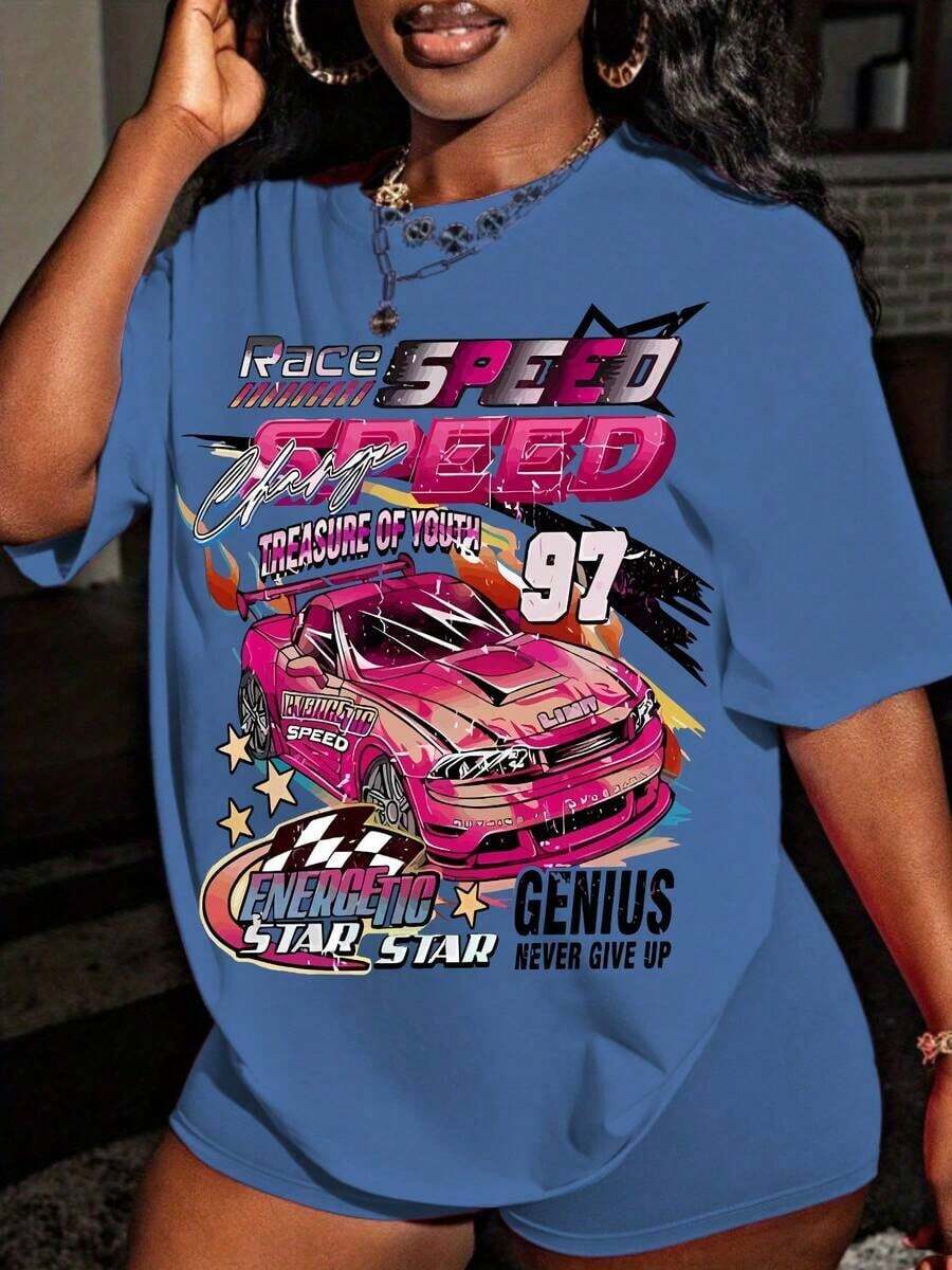 New Women's Spring/Summer Casual Racing Print T-Shirt - Retro Y2K Design With Speed Text - Loose Fit Non-See-Through Top, Ideal For Motorcycling And Everyday Urban Wear - Women's Spring/Summer Clothing, Short Sleeve T-Shirt, Bright Print T-Shirt, Loose Fit And Comfortable, Vintage Summer Urban Style, Unisex Cotton Short Sleeve Crew Neck T-Shirt. - 藍色 - 查看 1