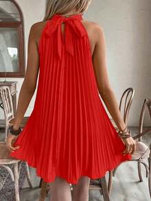 Vestido plisado con hombros abiertos y estampado para vacaciones, conjunto de ropa de playa para vacaciones - Rojo - Ver 2