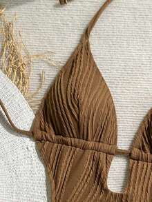 Traje de baño de una pieza con cuello en V de punto jacquard con textura y espalda descubierta, color verde oliva, adecuado para la playa.Traje de baño de una pieza negro, traje de baño de mujer con cuello halter - Café integral - Ver 4