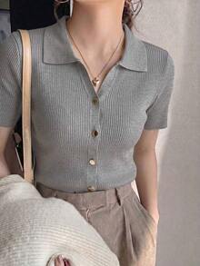 de punto con cuello polo y mangas raglán cortas para mujer, ligera y versátil, ideal para primavera/verano - Gris - Ver 5