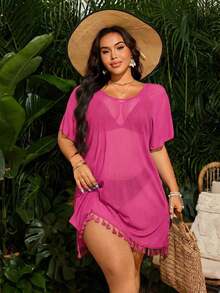 Swim  Salida de playa tipo kimono con flecos para talla grande - Rosa Fucsia - Ver 3