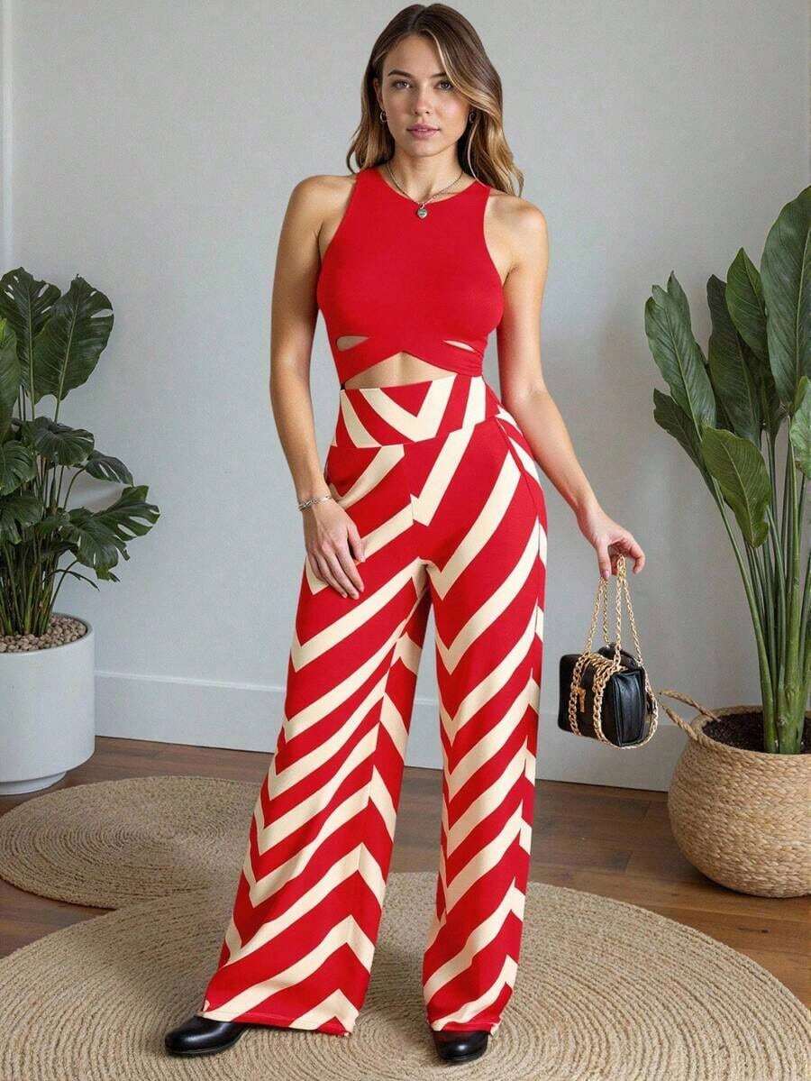Elegante conjunto de 2 piezas de top sin espalda con cruce y pantalones rectos sexy para mujer - Rojo - Ver 1