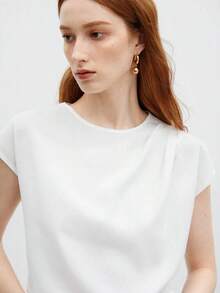 Blusa de mujer con mangas de murciélago asimétricas, de unicolor, estilo básico urbano de viaje, moda elegante y sencilla para negocios casuales, adecuada para maestras y uso en la oficina - Blanco - Ver 9