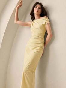 Vestido de satén con hebilla asimétrica de metal, nuevo para primavera/verano.Elegante y chic para el día a día, romántico estilo retro de los 90.Adecuado para Navidad, Año Nuevo, San Valentín, fiestas, playa, graduación, moda, carnaval, bodas, - Amarillo - Ver 3
