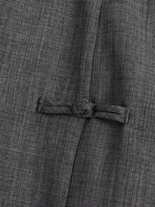 Pantalones cortos de mujer talla grande, casuales, para ir al trabajo o salir, con diseño de abertura redonda, cintura elástica y decoración de nudo chino con botones - Gris - Ver 4