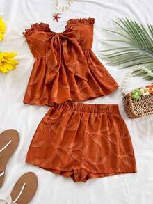 Set de 2 piezas para mujer con parte superior corta sin mangas con volantes y estampado de rayas y flores, y shorts casuales para verano, vacaciones en la playa y fiestas - Marrón - Ver 1