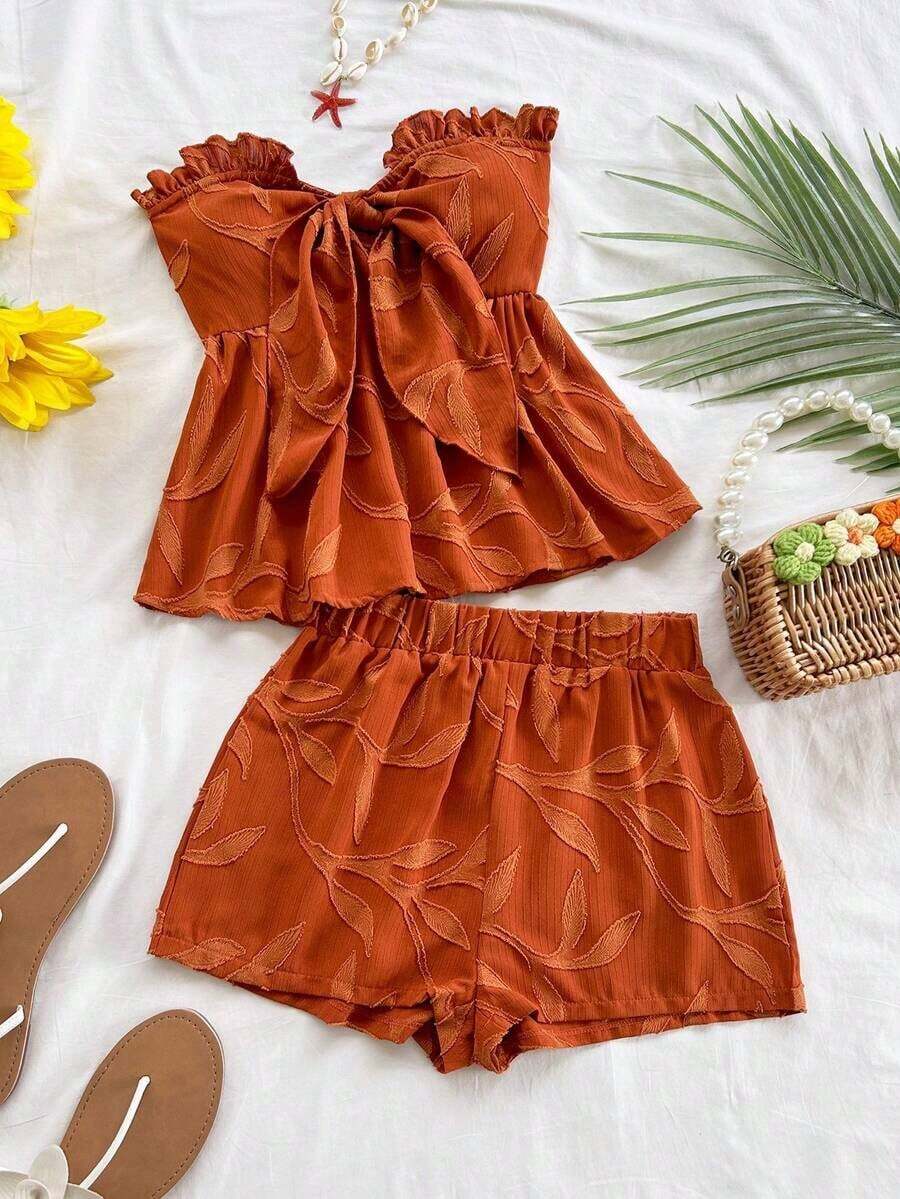 Set de 2 piezas para mujer con parte superior corta sin mangas con volantes y estampado de rayas y flores, y shorts casuales para verano, vacaciones en la playa y fiestas - Marrón - Ver 1