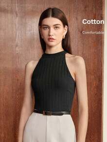 Nuevo diseño de verano/primavera para mujer, top de punto acanalado con cuello plisado sin mangas, elegante y chic para uso urbano y diario, romántico estilo retro de los 90, versátil y minimalista, adecuado para invitados de boda, anfitriones, ci - Negro - Ver 2