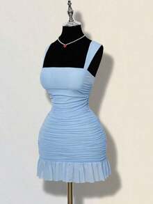 Vestido mini ajustado de mujer de unicolor elegante con malla y drapeado - Celeste - Ver 6