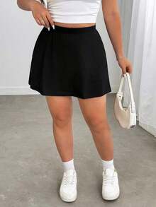 Falda corta casual de línea A de unicolor negro básico para mujer de talla grande, amigable con las curvas del Body redondeado, para el invierno, para la figura de Body redondeado tipo manzana - Negro - Ver 5