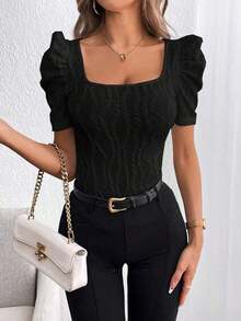 Privé Camiseta De Cuello Cuadrado Y Manga Corta Ajustada Con Textura - Negro - Ver 3