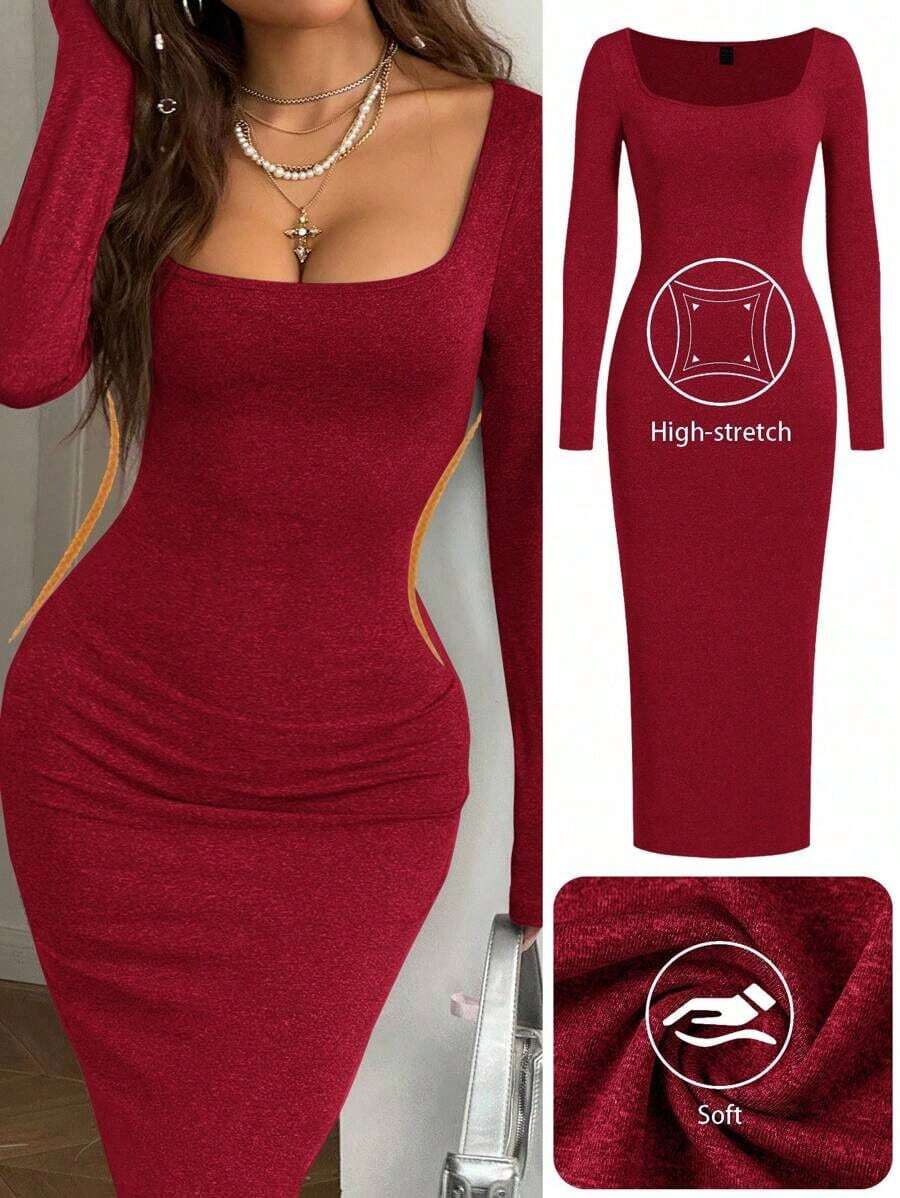 Vestido ajustado de manga larga con cuello cuadrado, de punto básico gris para mujer, para primavera/verano - Rosa Roja - Ver 1