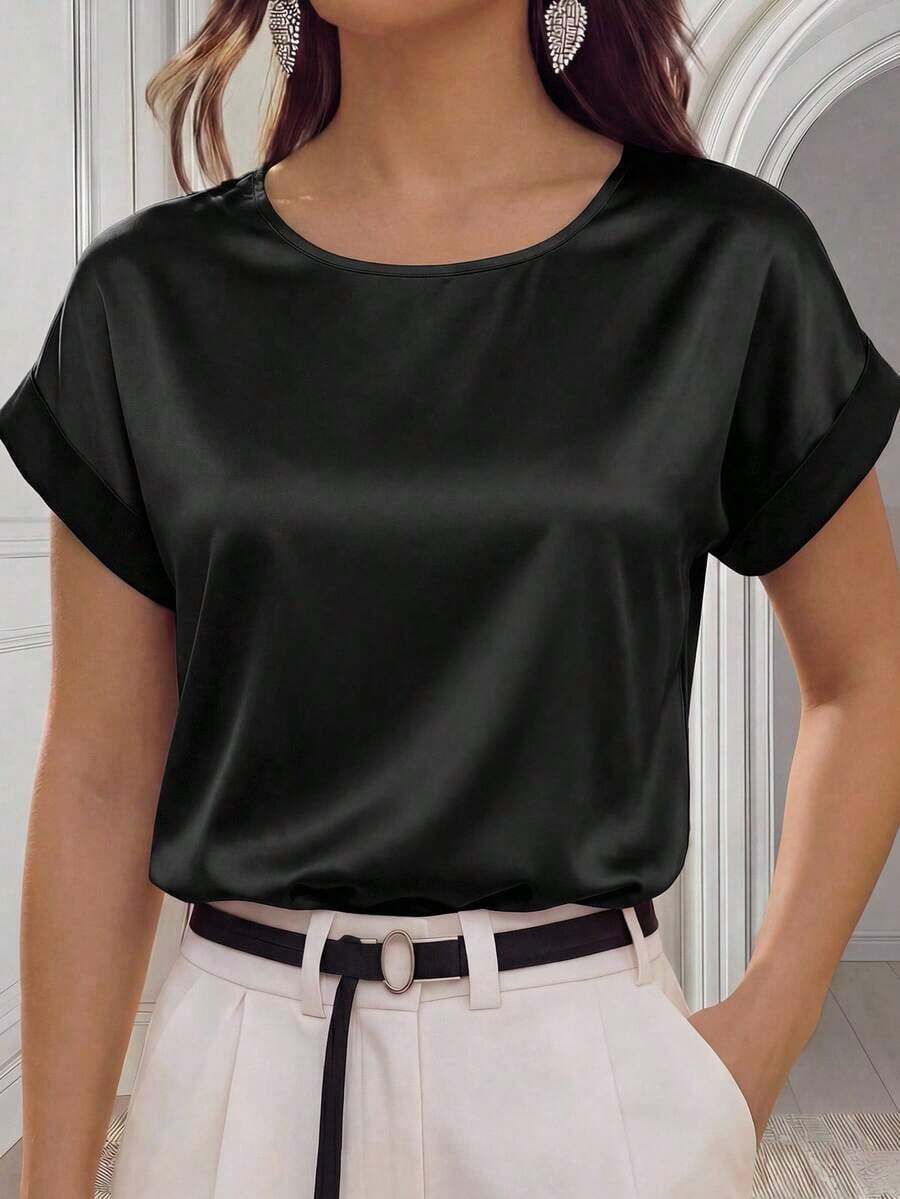 Blusa suelta elegante de verano para mujer con cuello redondo, mangas cortas tipo murciélago y unicolor - Blusas de manga corta - Negro - Ver 1