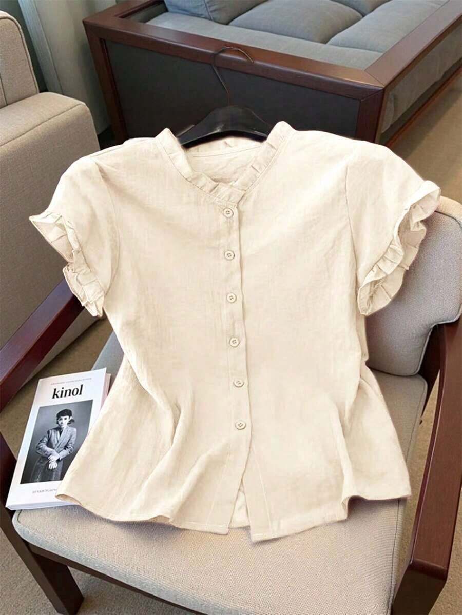 casual de mujer de unicolor y manga corta, para verano - Beis - Ver 1