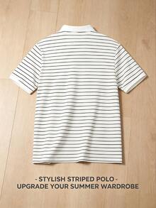 男士夏季條紋 Polo 衫｜領口短袖休閒上衣，適合海灘、高爾夫、戶外、日常與街頭運動穿著 - 黑與白 - 查看 4