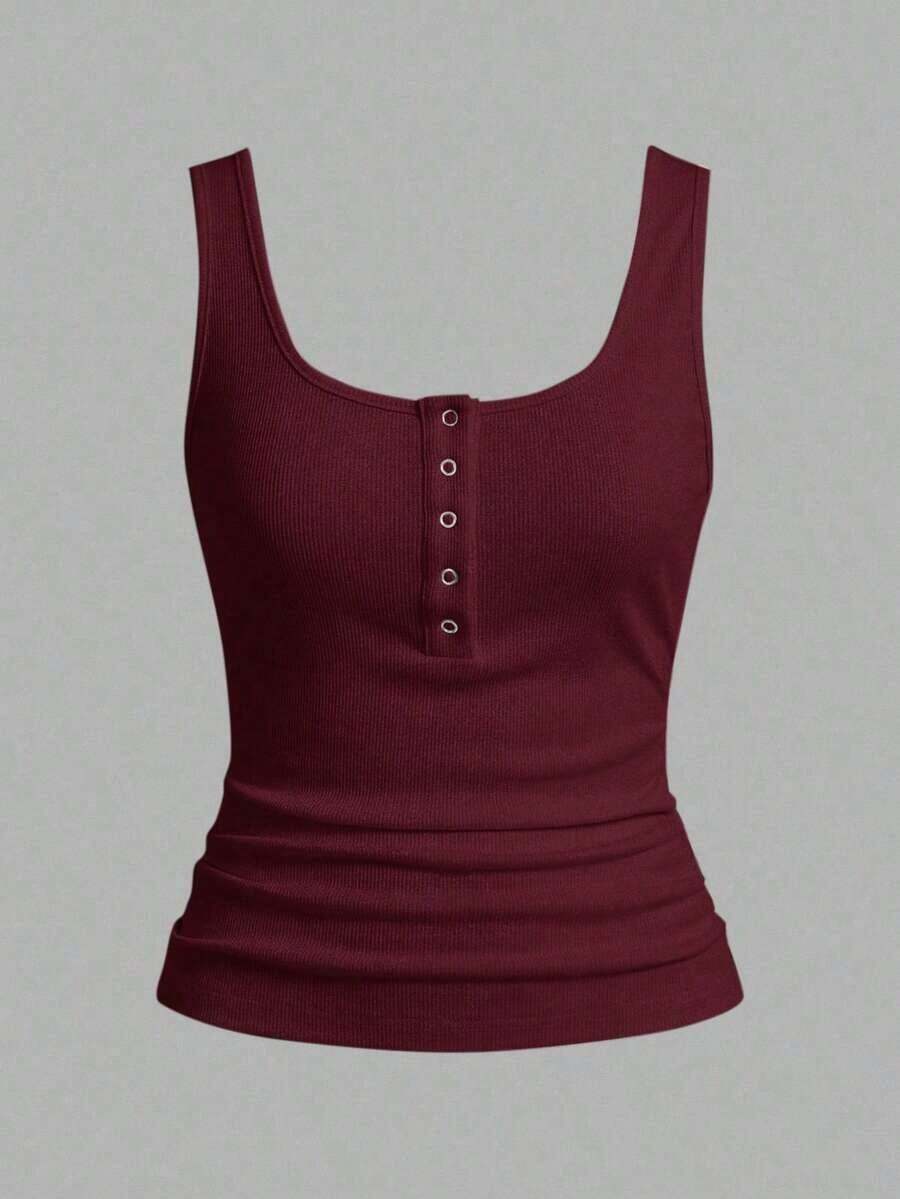 Camiseta sin mangas negra casual y versátil con cuello en U profundo y espalda de tirantes - Burdeos - Ver 1